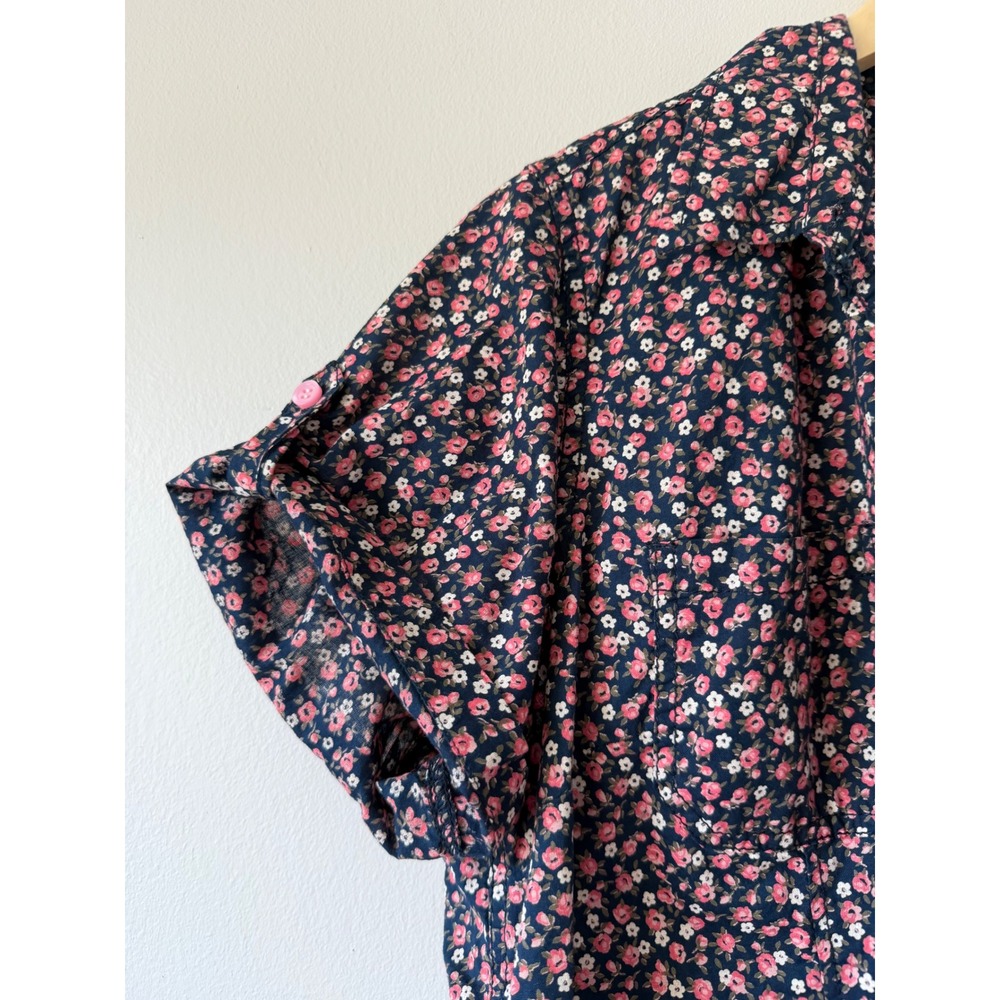 Faded Glory Navy Blue Pink Floral Button Down Shirt Roll Tab Sleeve XXL 20 - Picture 6 of 11